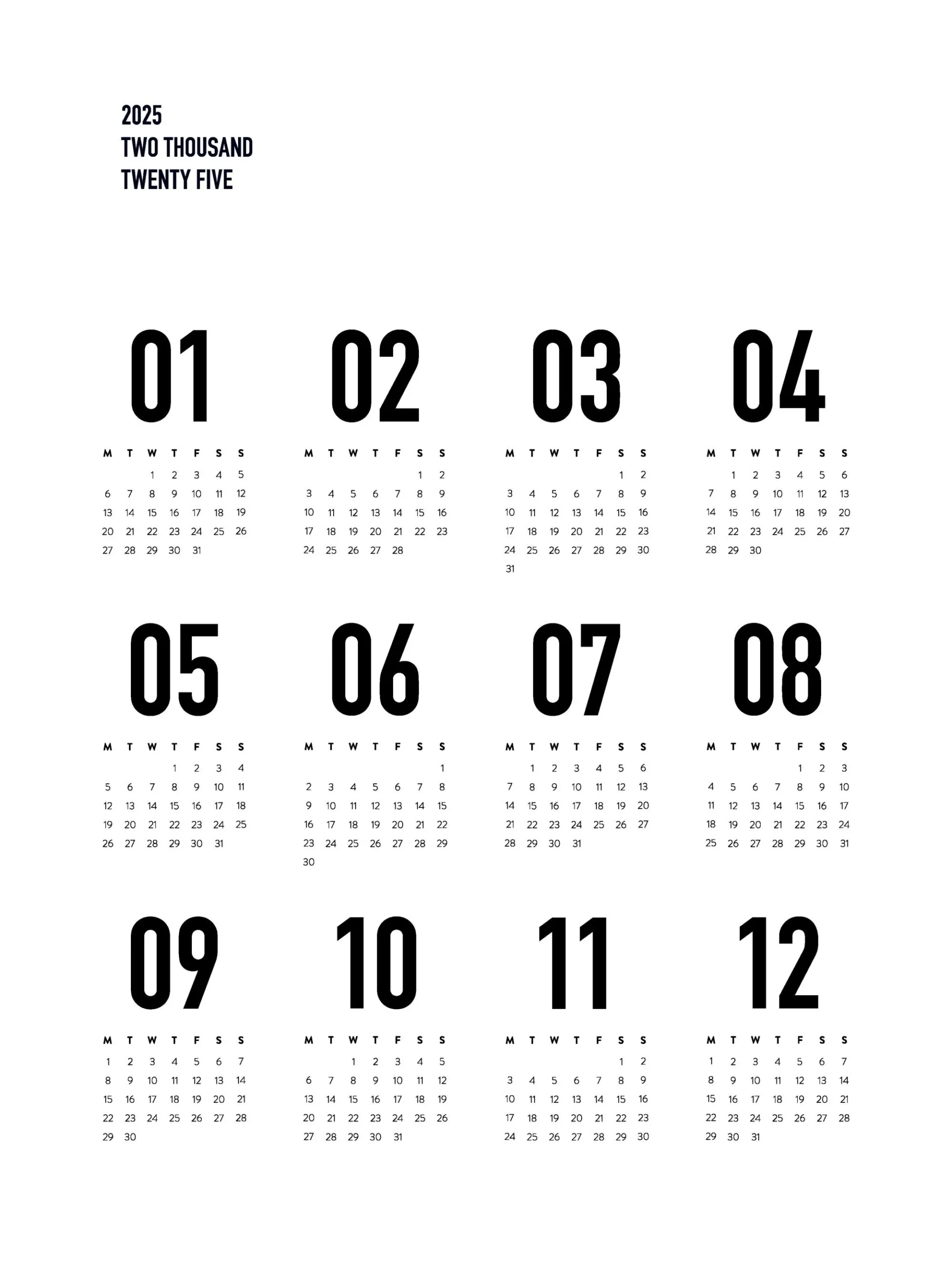 Calendar 2025 BW Poster Minimalistischer Kalender Desenio CH