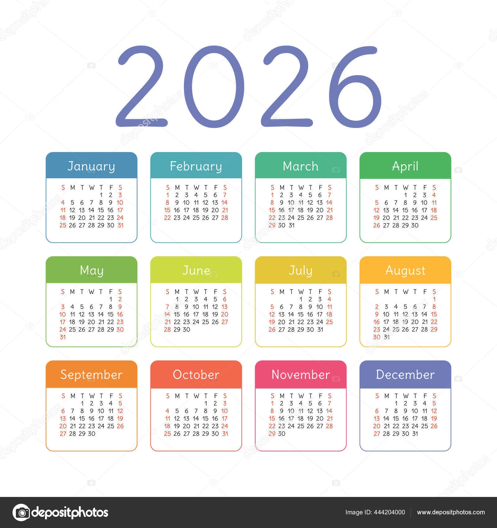 Calendar 2026 Year English Colorful Vector Square Pocket Wall Calender Stock Vector By ra khusnullina gmail 444204000