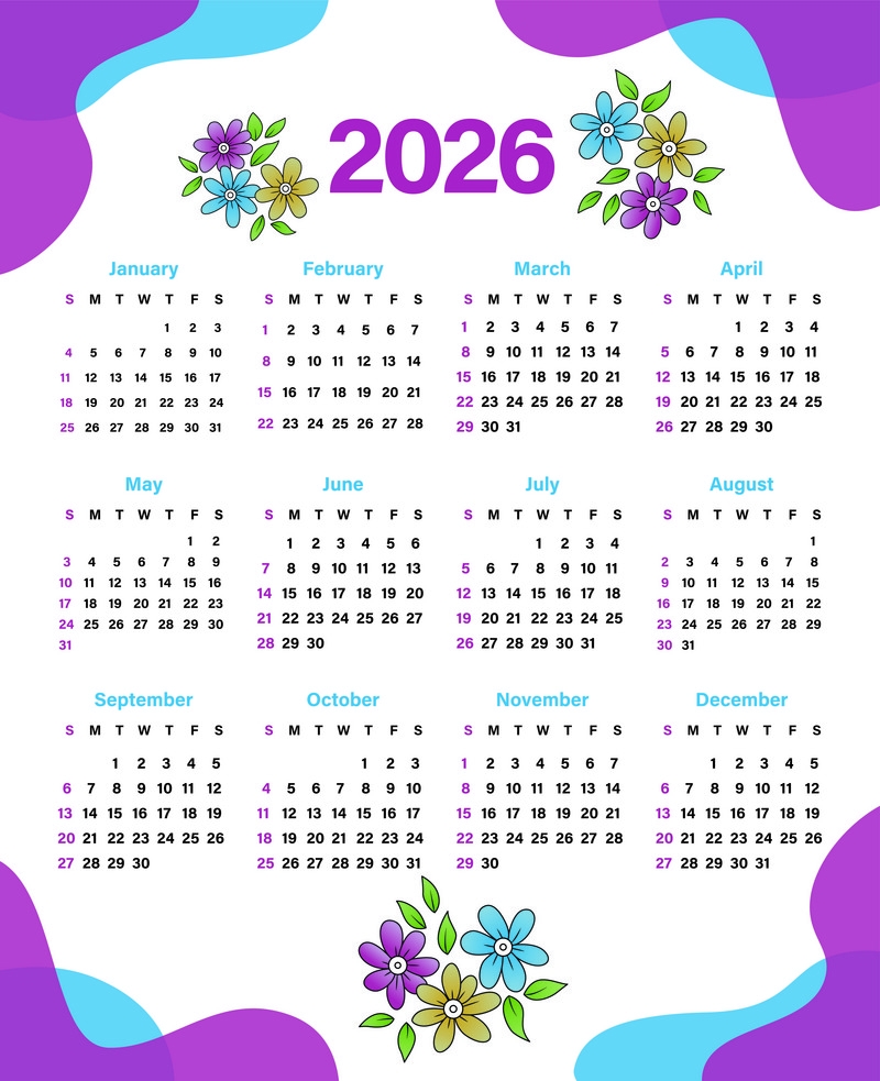 Calendar 2026 Year Vector Illustration Week Starts On Sunday AI Free Download Pikbest