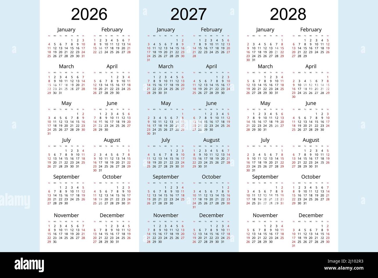 Calendar Planner 2026 2027 2028 Corporate Design Planner Template Week Starts On Sunday Stock Vector Image Art Alamy
