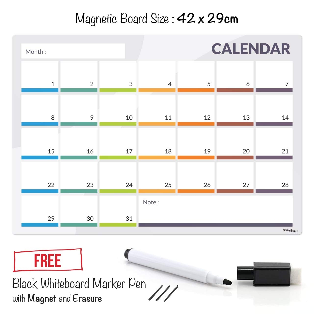CKB Ltd CALENDER Magnetic Fridge Board With Marker Monatsplan 31 Tage Kalender Memo Tages Tafell scher 