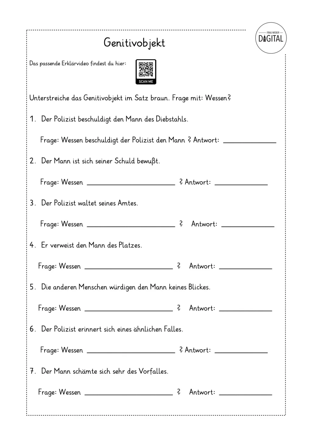 Das Genitivobjekt Arbeitsblatt Mit L sung Deutsch Klasse 4 Satzglie Frau Weber Digital