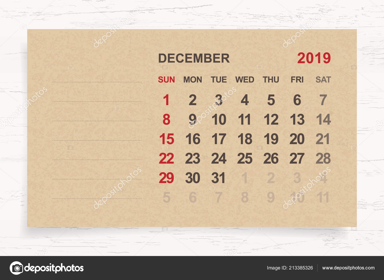 Desember 2019 Kalender Bulanan Pada Kertas Coklat Dan Latar Belakang Vektor Stok Oleh pp grapfik gmail 213385326