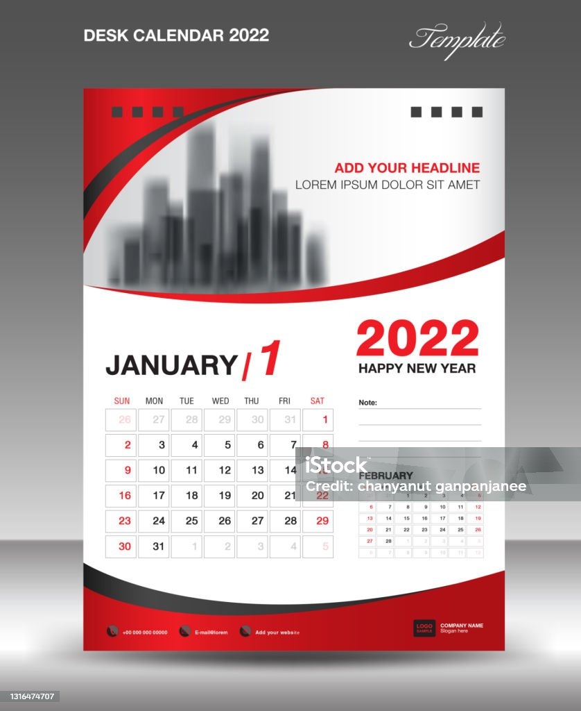 Desk Calendar 2022 Template January Month Design Wall Calendar Design Calendar 2022 Template Modern Style Planner Week Starts On Sunday Printing Media Advertiement Red Curve Background Stock Illustration Download Image Now IStock