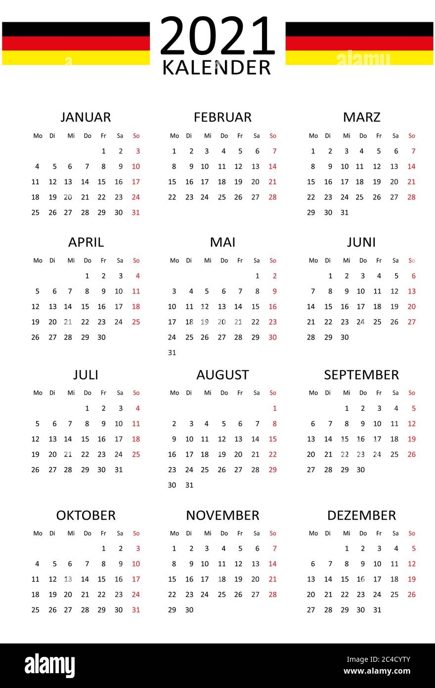 Deutscher Kalender F r 2021 12 Monate Auf Einer Seite Wochenende Ab Montag Sauberer Und Transparenter Stil Layout Des Monochromen Kalenders Roter Sonntag Stock Vektorgrafik Alamy