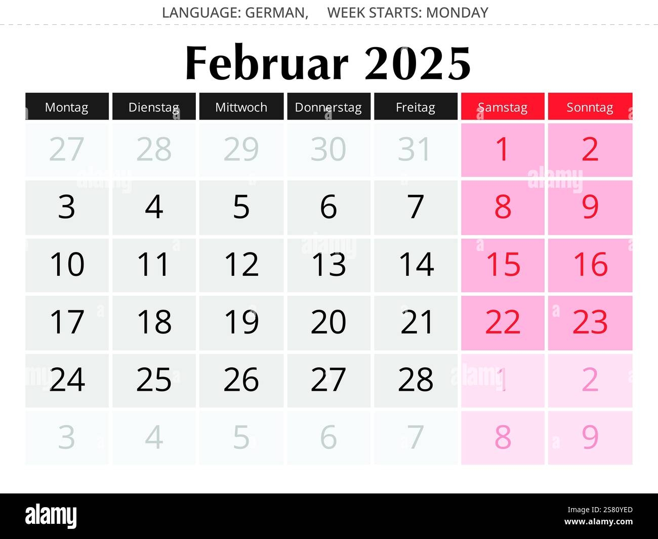 Deutscher Kalender F r Februar 2025 Vektorillustration Des Wintermonats F r Deutschland Kalender Februar Stock Vektorgrafik Alamy