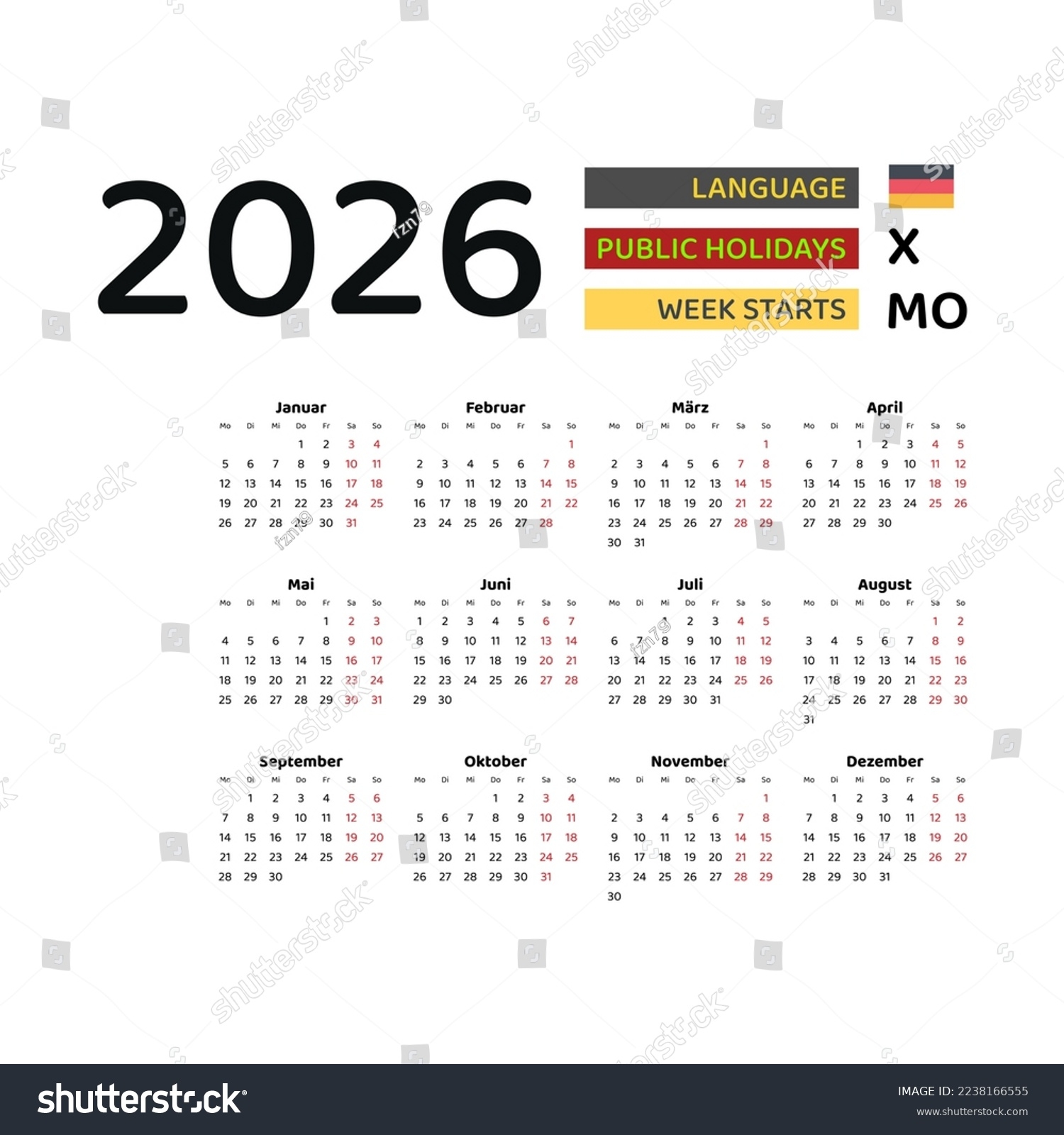 Deutschland Kalender 2026 Die Woche Beginnt Stock Vektorgrafik Lizenzfrei 2238166555 Shutterstock