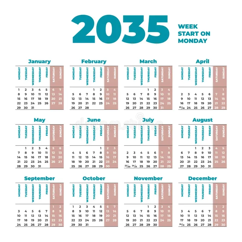 Die Vorlage Mit 2035 Kalender Mit Wochen Beginnen Am Montag Stock Abbildung Illustration Von Fall Datum 212380596