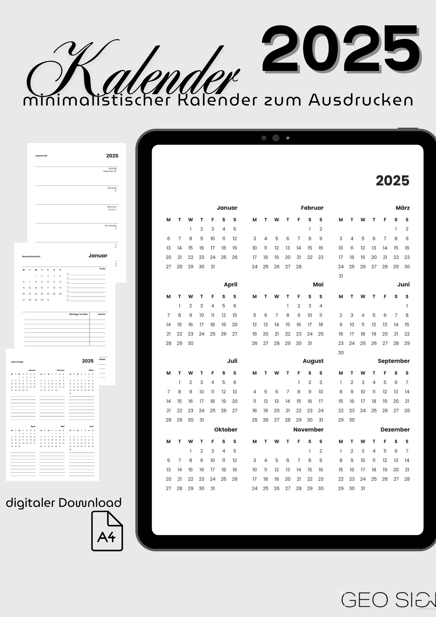 Digitaler Kalender 2025 Wochen Und Monatsplaner Als PDF Download GeoSign K chenmanufaktur