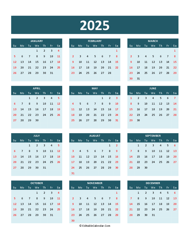 Download 2025 Calendar Printable Word Pdf PDF Version 