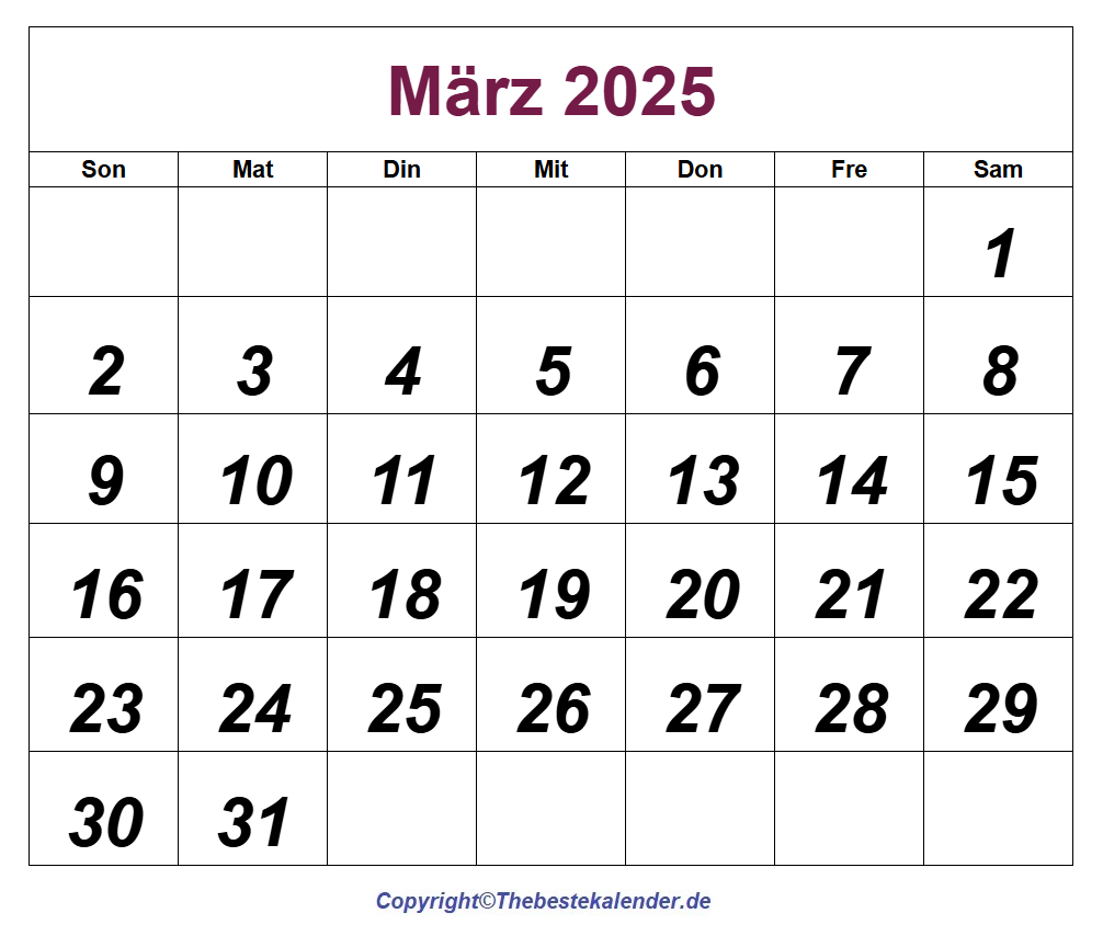 Druckbare M rz 2025 Kalender Zum Ausdrucken PDF Word 