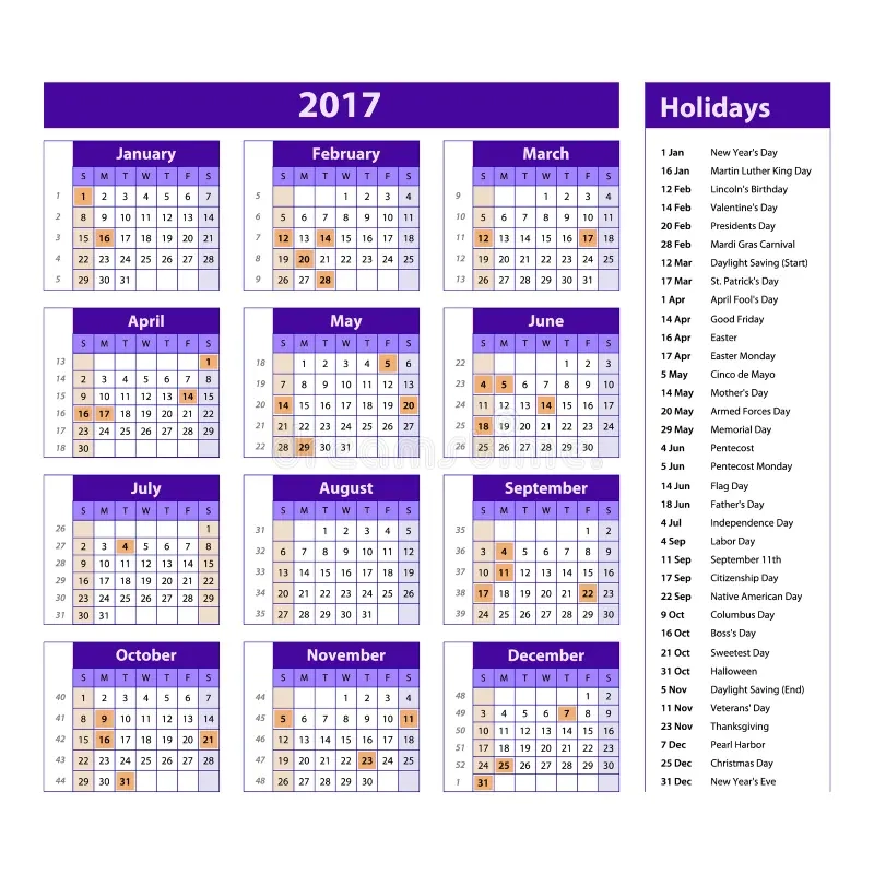 Einfacher Kalender 2017 Markiert Mit Den Gesetzlichen Feiertagen F r Die USA Die Wochenanf nge Am Sonntag Vektor Abbildung Illustration Von Englisch Monats 76994682