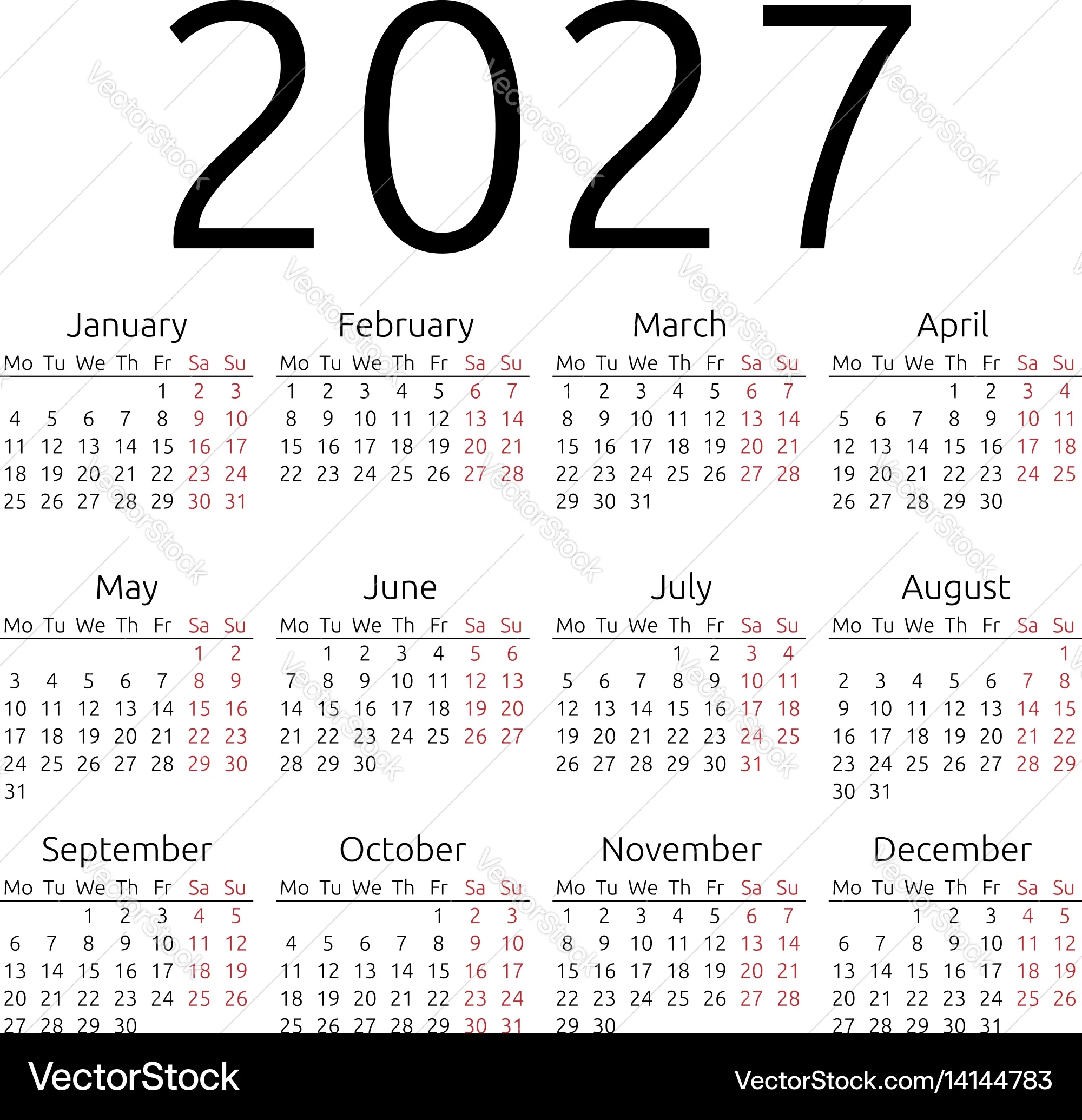 Einfacher Kalender 2027 Monday Lizenzfreies Vektorbild