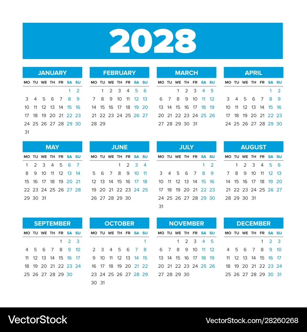 Einfacher Kalender 2028 Wochen Beginnen Am Montag Vektorbild
