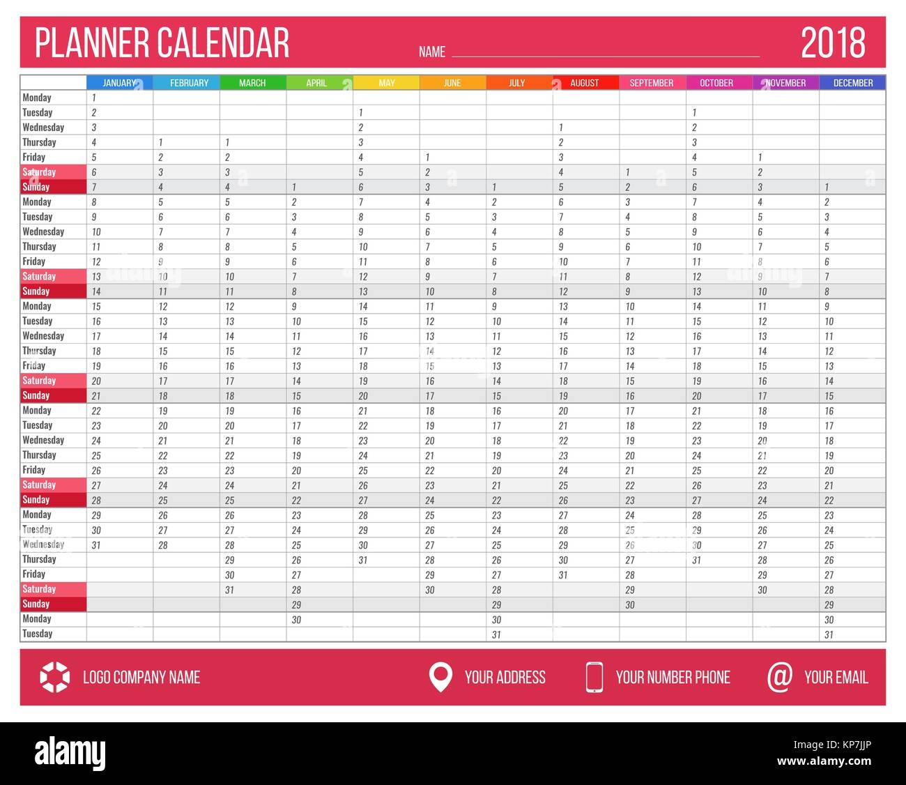 Englisch Kalender Planer F r Das Jahr 2018 12 Monate Corporate Design Planner Template Gr e A4 Druckbare Kalender Vorlagen Stockfotografie Alamy
