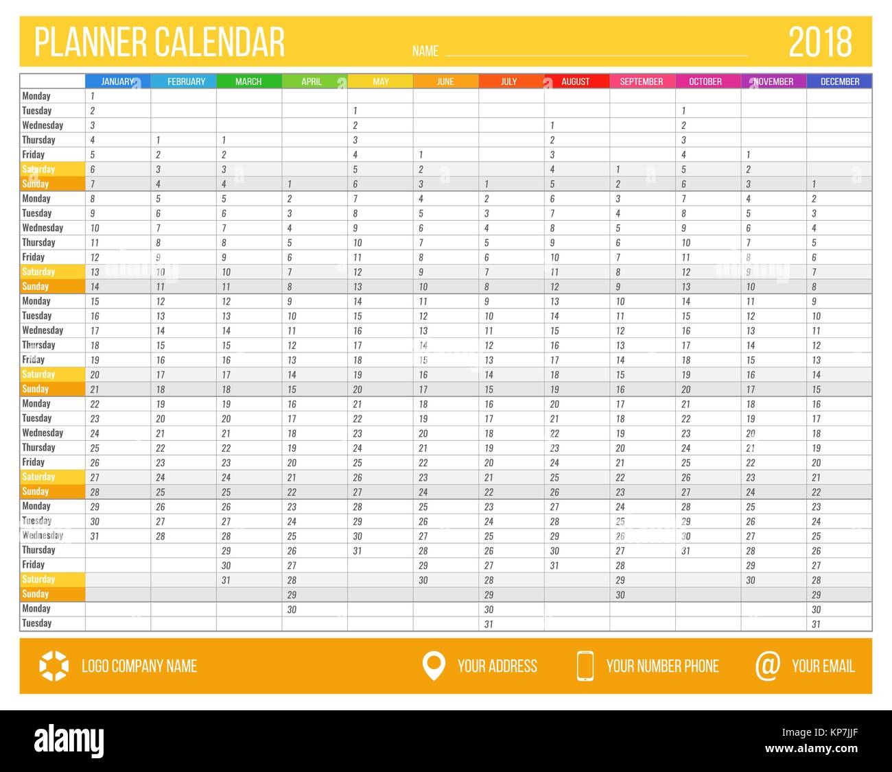 Englisch Kalender Planer F r Das Jahr 2018 12 Monate Corporate Design Planner Template Gr e A4 Druckbare Kalender Vorlagen Stockfotografie Alamy
