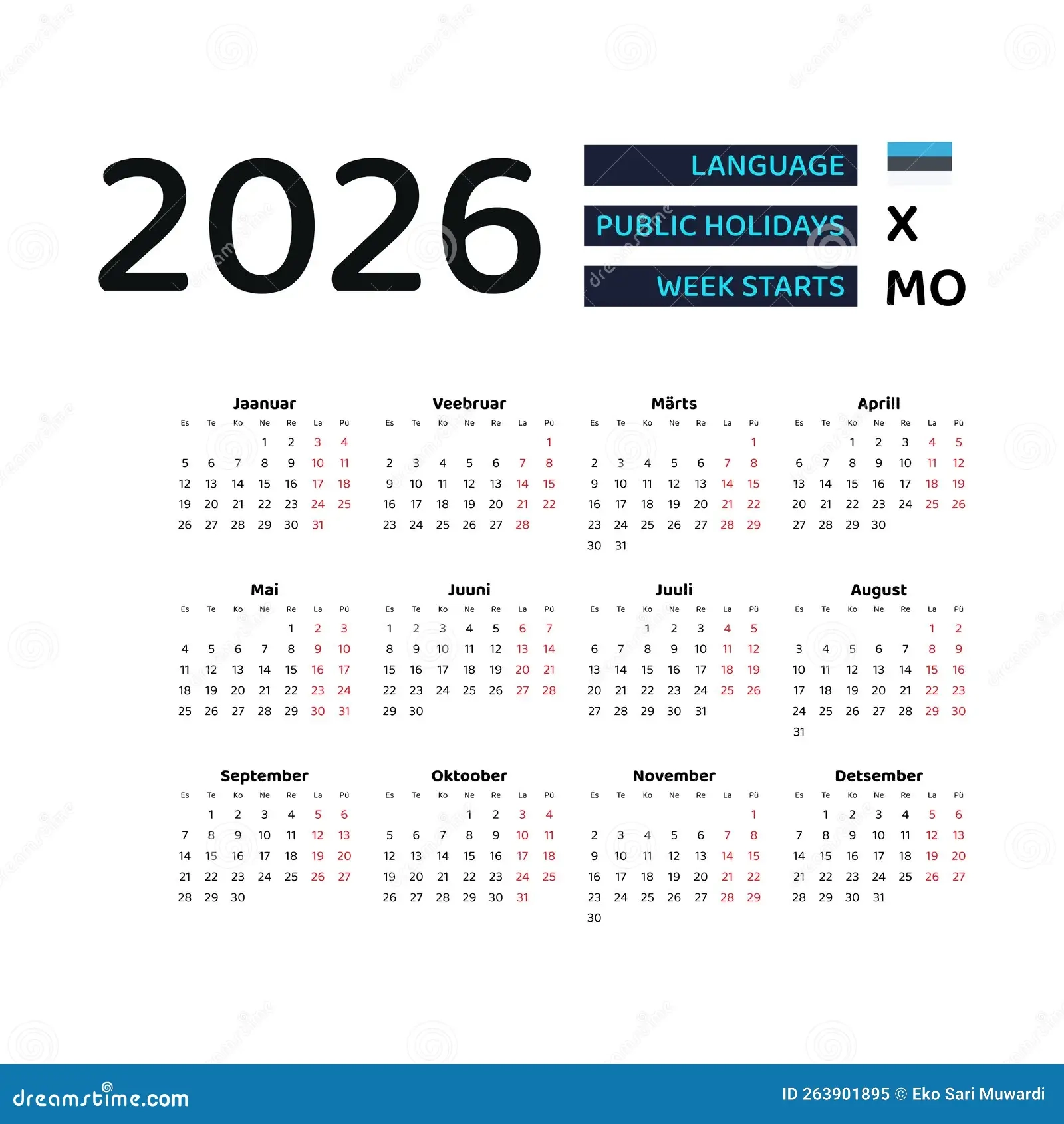 Estonia Calendar 2026 Week Starts From Monday Vector Graphic Design Stock Vector Illustration Of Date Event 263901895
