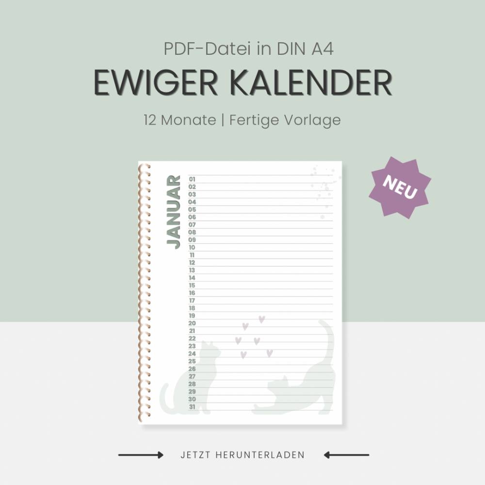 Ewiger Kalender F r Katzenfreunde PDF Datei A4 12 Seiten Download