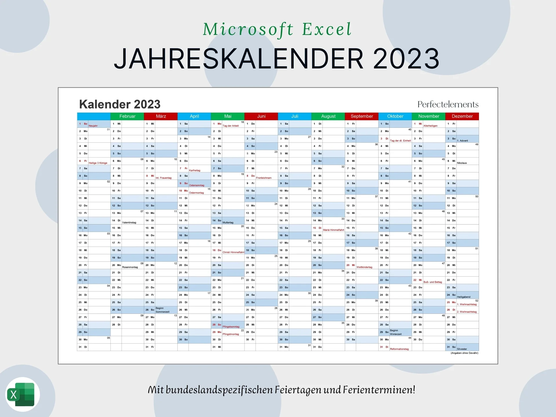 Excel Jahreskalender 2023 mit Bundeslandspezifischen bersichten Perfectelements