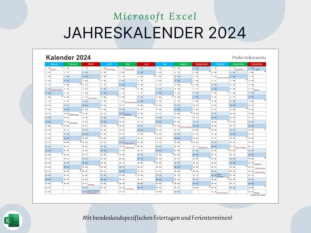 Excel Jahreskalender 2024 mit Bundeslandspezifischen bersichten Perfectelements
