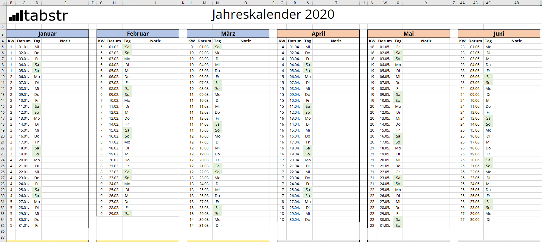 Excel-Vorlage Jahreskalender MIT Wochen