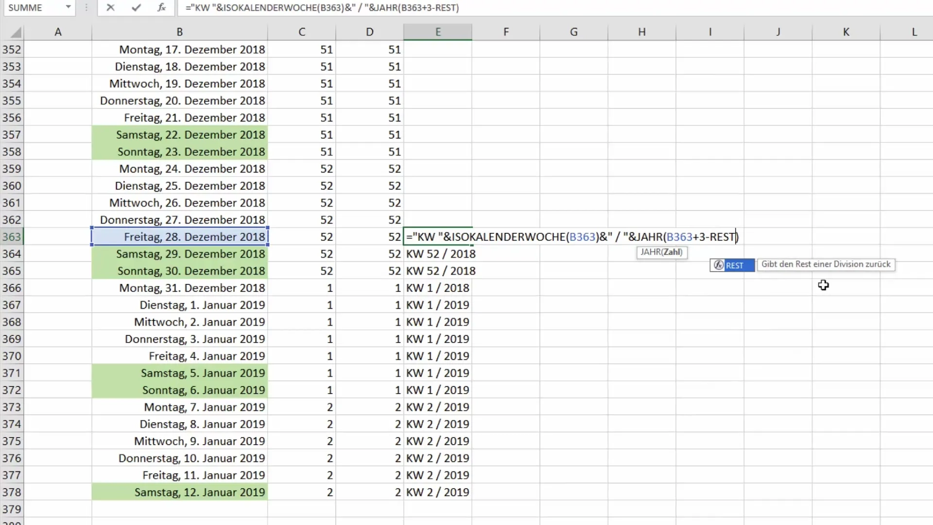 Kalenderwoche Formel Excel