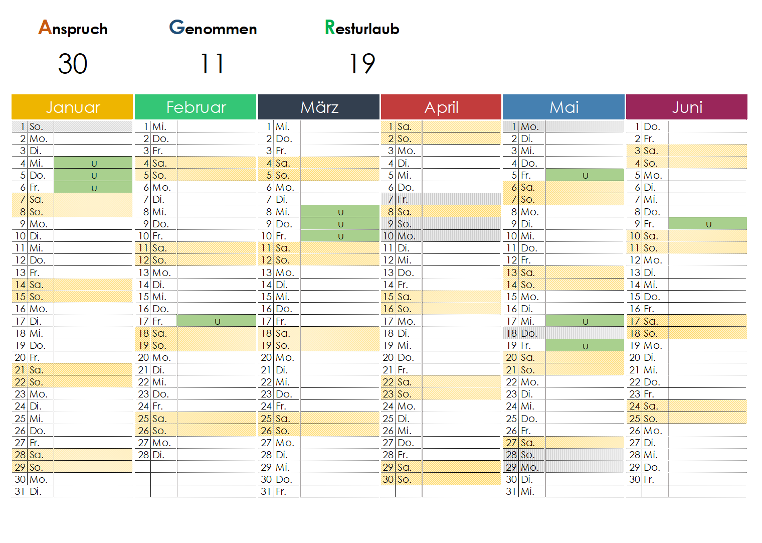 Urlaubskalender Excel Jahr