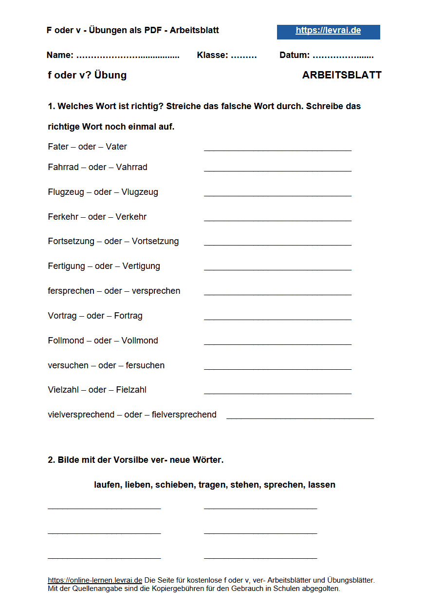 F Oder V Arbeitsbsbl tter Und bungsbl tter