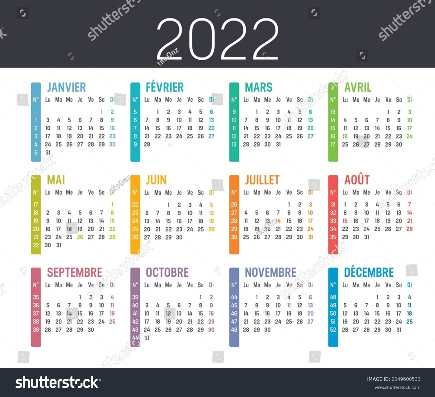 Farbiger Kalender 2022 Mit Wochennummern In Stock Vektorgrafik Lizenzfrei 2049600533 Shutterstock