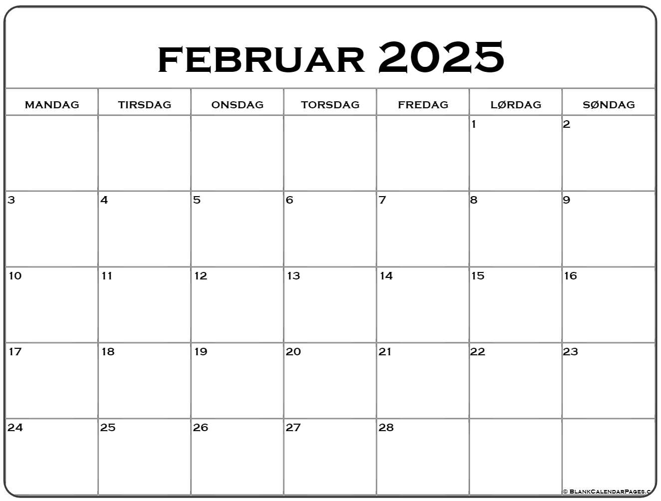Februar 2025 Kalender Dansk Kalender Februar