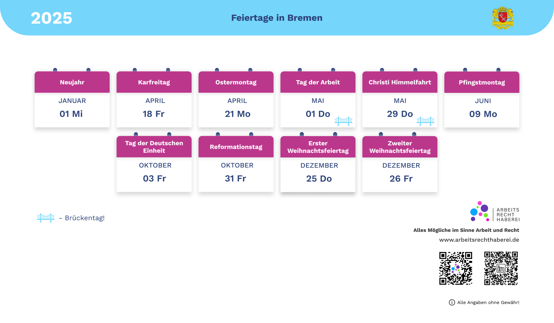 Feiertage 2025 In Bremen Als PDF Bild ICS