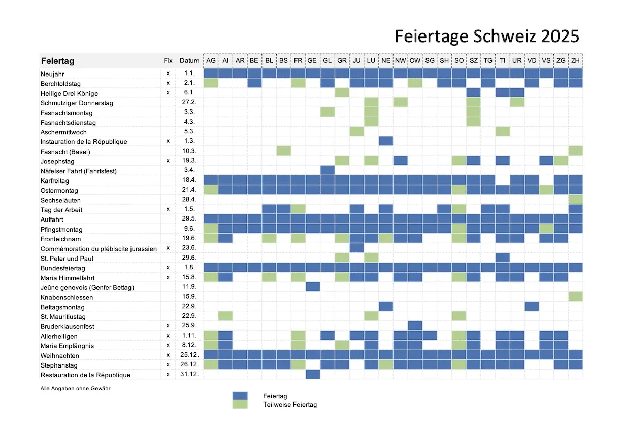 Feiertage 2025 Schweiz Gratis PDF Kalender Zum Ausdrucken