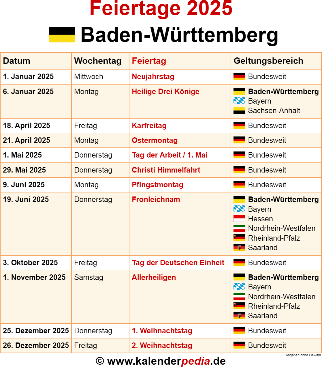 Feiertage Baden W rttemberg 2025 Kalenderpedia