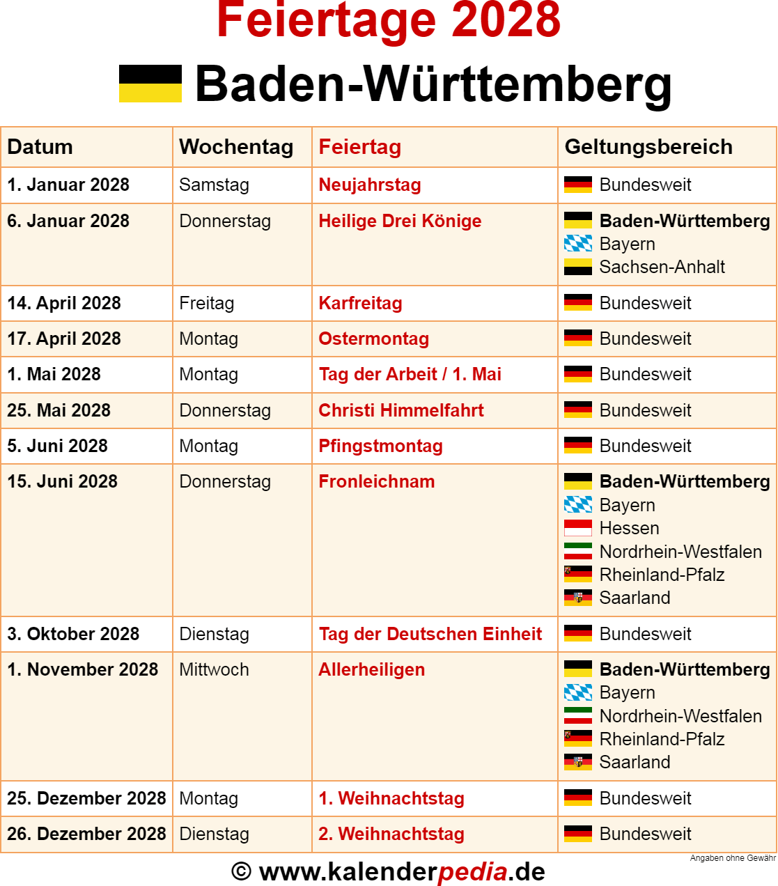 Kalender 2028 BW