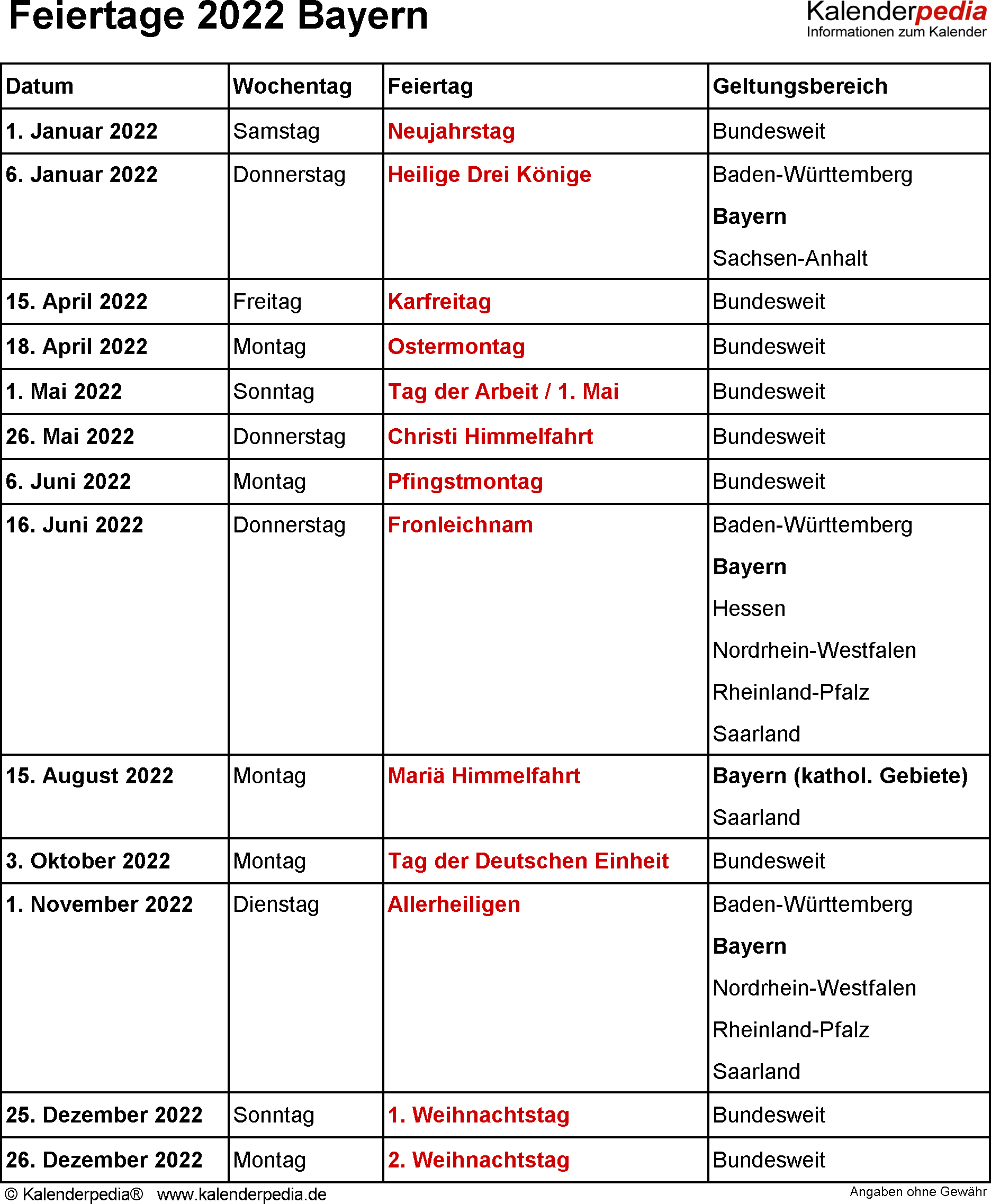 Kalender 2022 Bayern Feirtage