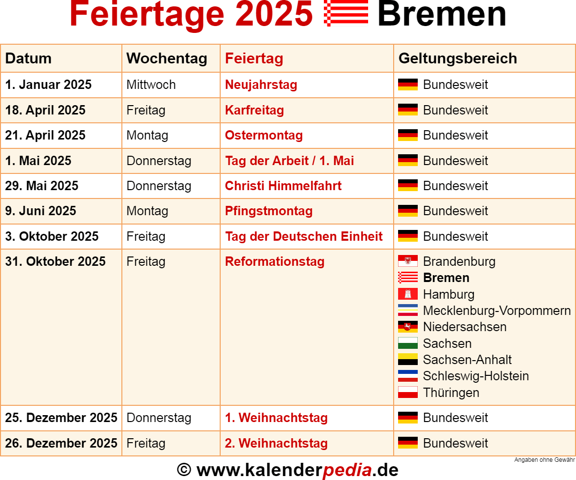 Kalender MIT Feiertagen 2025 Bremen
