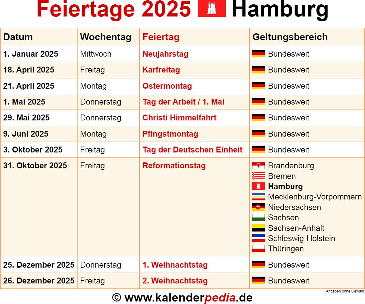 Feiertage Hamburg 2025 Kalenderpedia