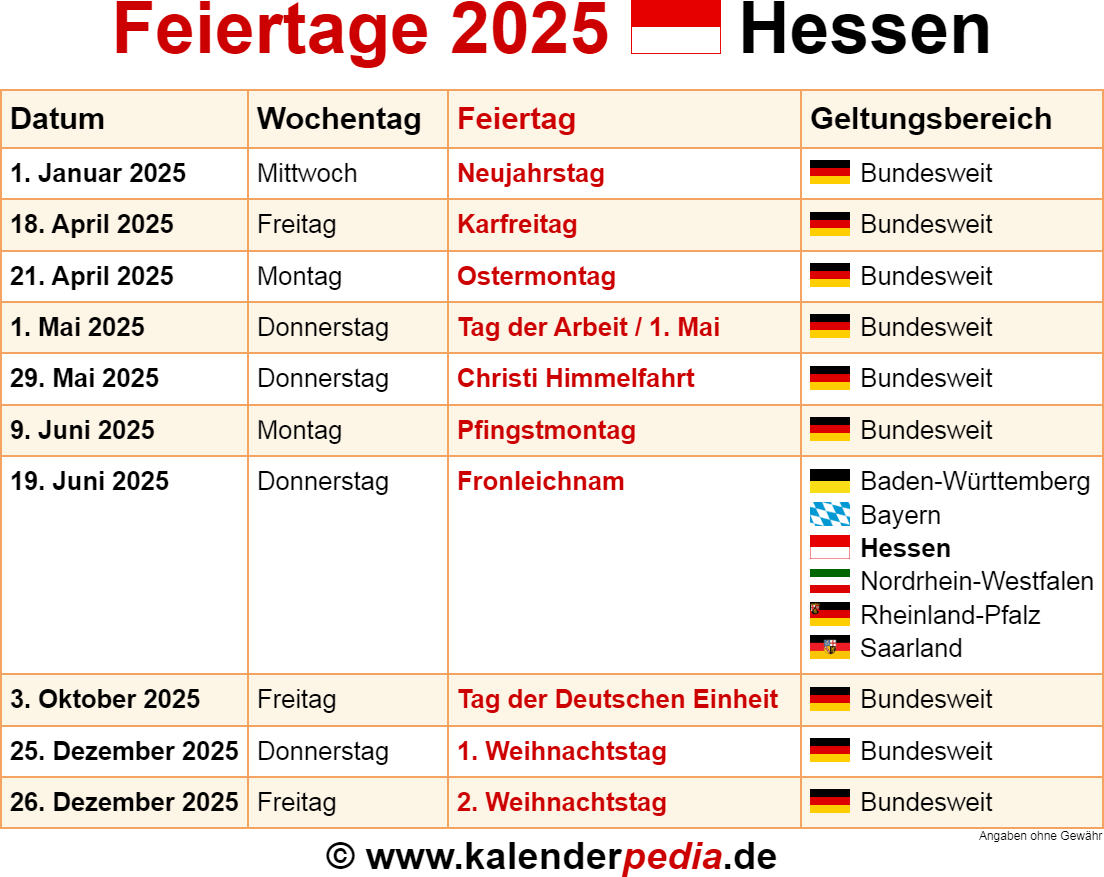 Jahreskalender 2025 Hessen