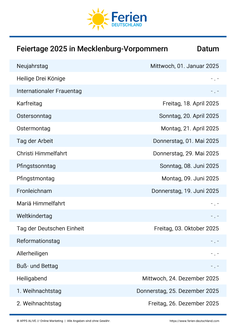 Ferienkalender 2025 MV Ferienkalender 2025 MV