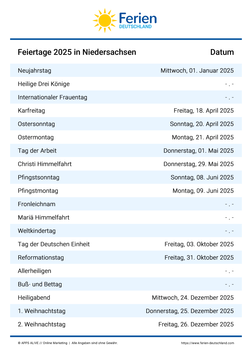  Feiertage Niedersachsen 2024 2025 2026 2027 2028 2029 Alle Termine Im berblick