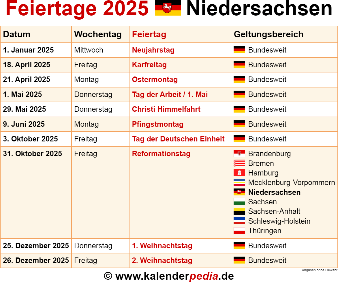 Feiertage Niedersachsen 2025 Kalenderpedia