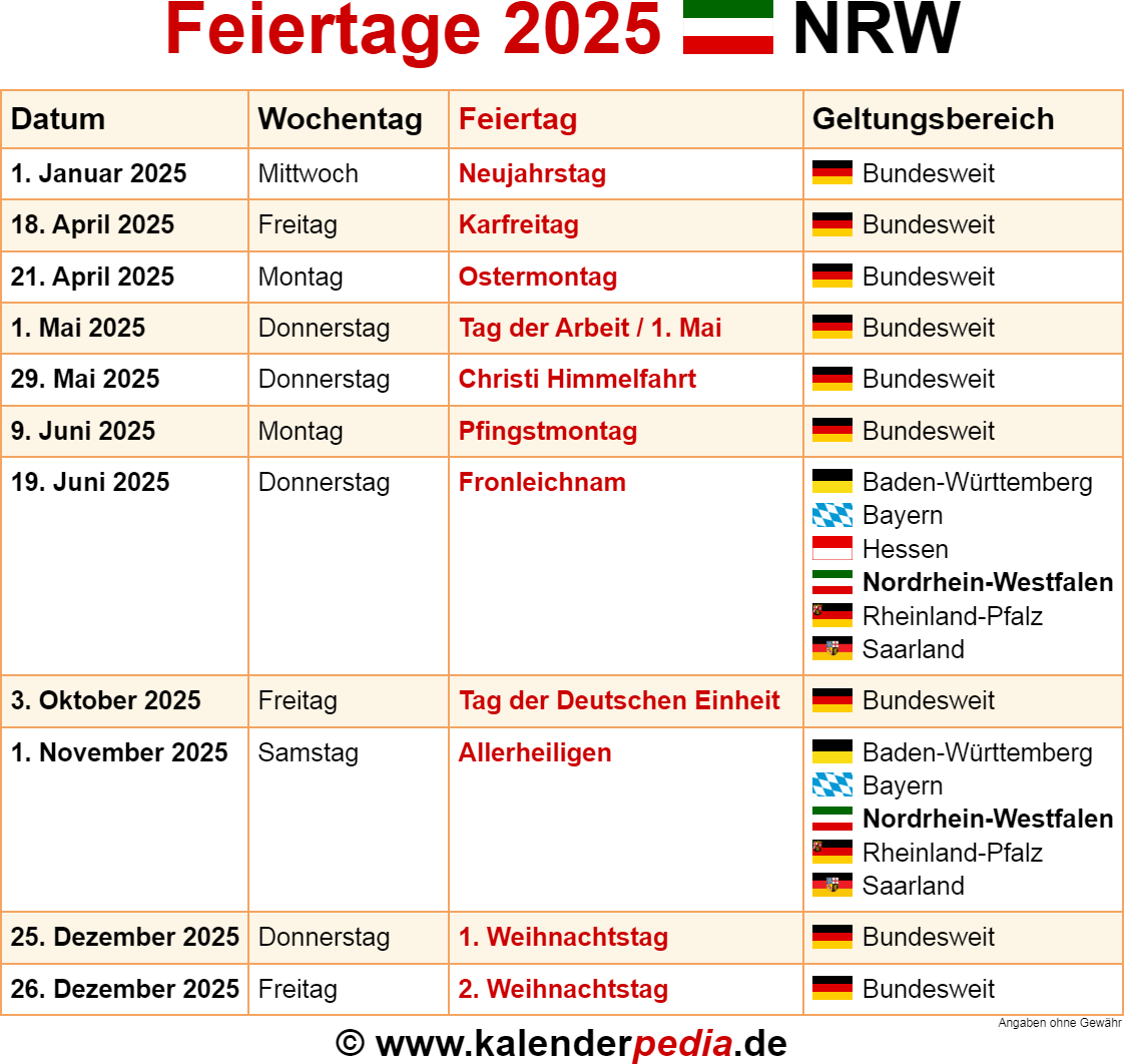 Feiertage Nordrhein Westfalen NRW 2025 Kalenderpedia