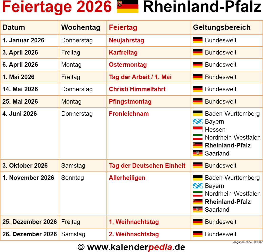 Feiertage Rheinland Pfalz 2026 Kalenderpedia