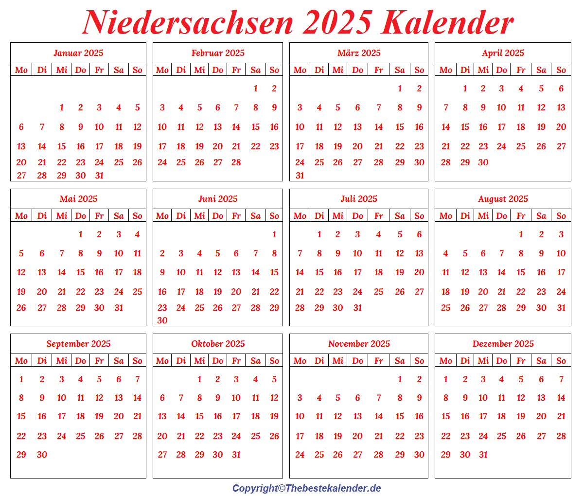 Schulkalender Niedeersachsen 2025