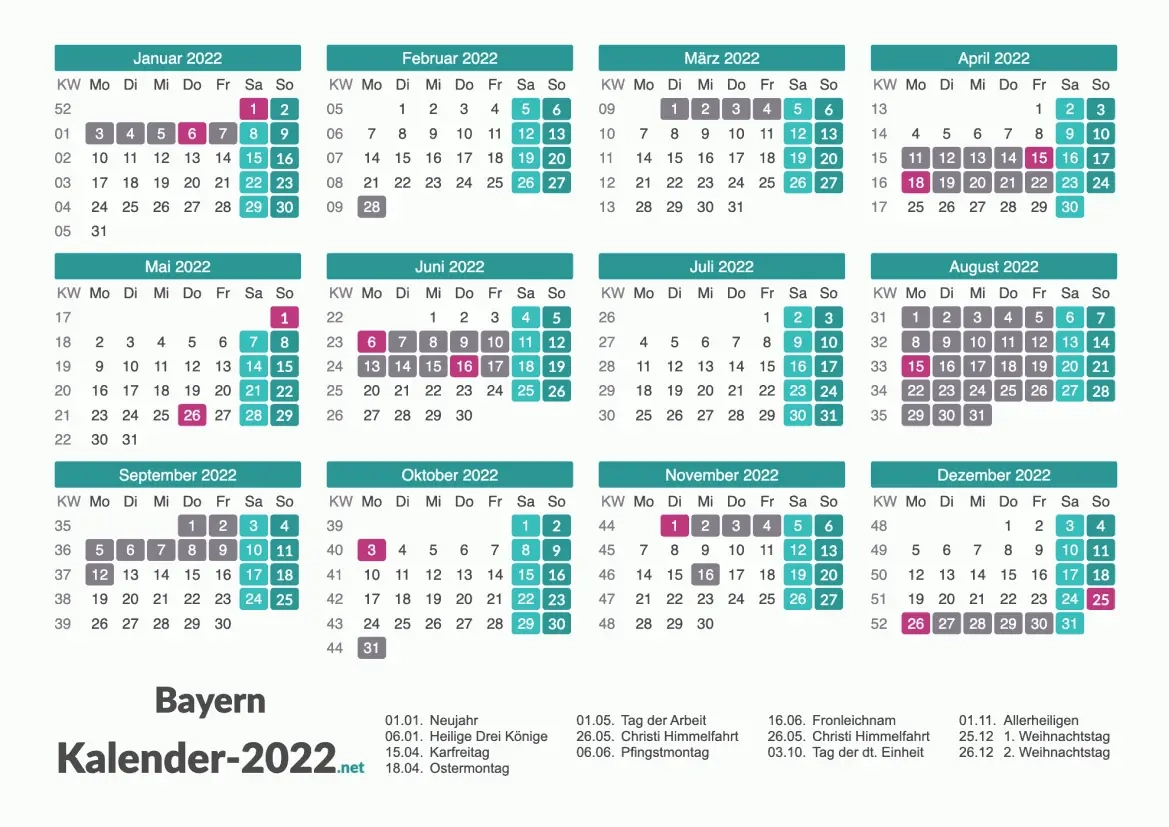 FERIEN Bayern 2022 Ferienkalender bersicht