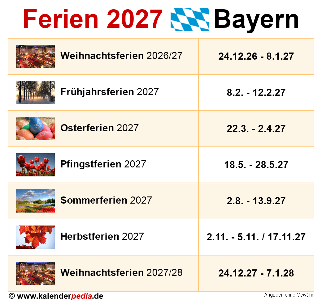 Ferien Bayern 2027 bersicht Der Ferientermine