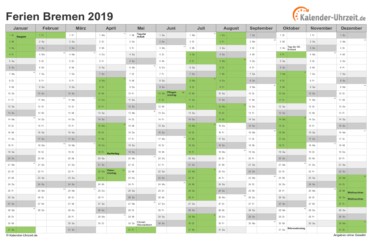 Kalender Sommerferien Bremen