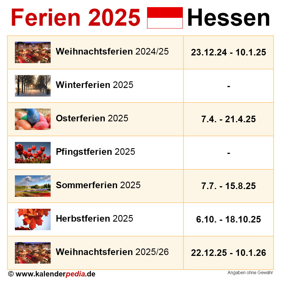 Ferien Hessen 2025 bersicht Der Ferientermine
