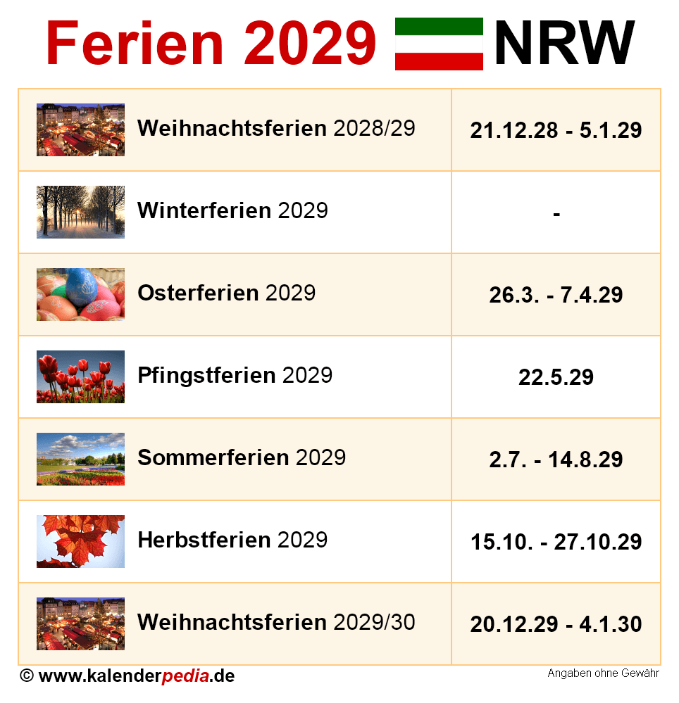 Ferien NRW 2029 bersicht Der Ferientermine