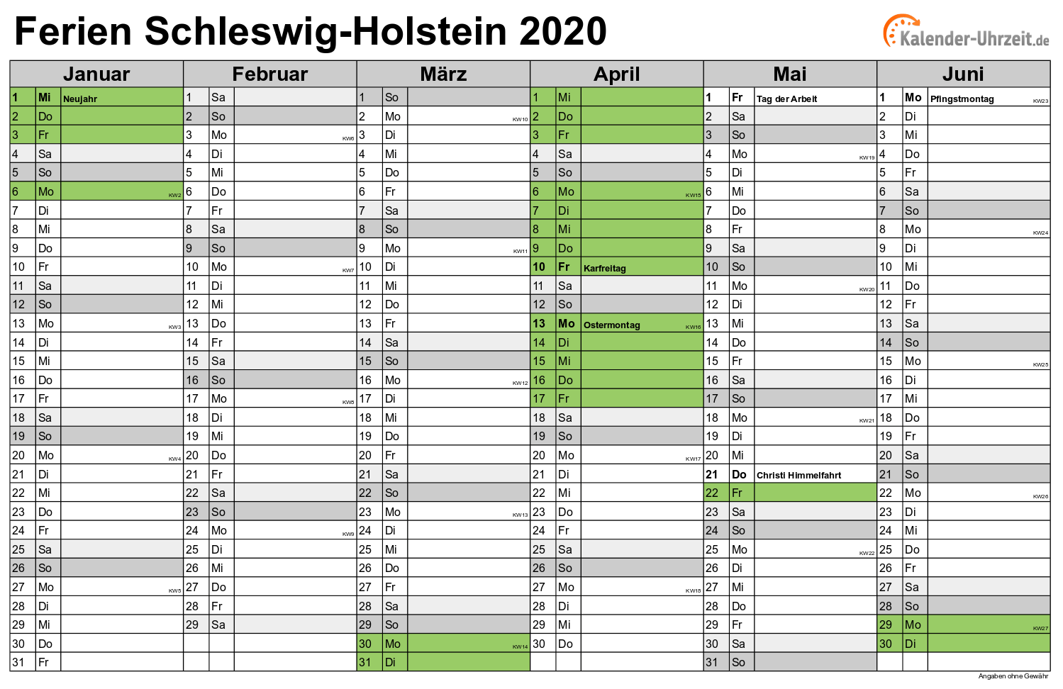 Ferien Schleswig-Holstein Kalender